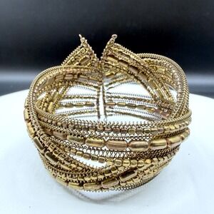 Gold Tone Multi Strand Beaded Wire Cuff Bracelet Boho Statement Festival Jewelry